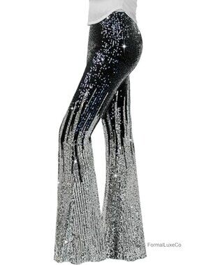 Sequin Flare Pants High Waisted Bell Bottom Trousers Disco Party Clubwear Women